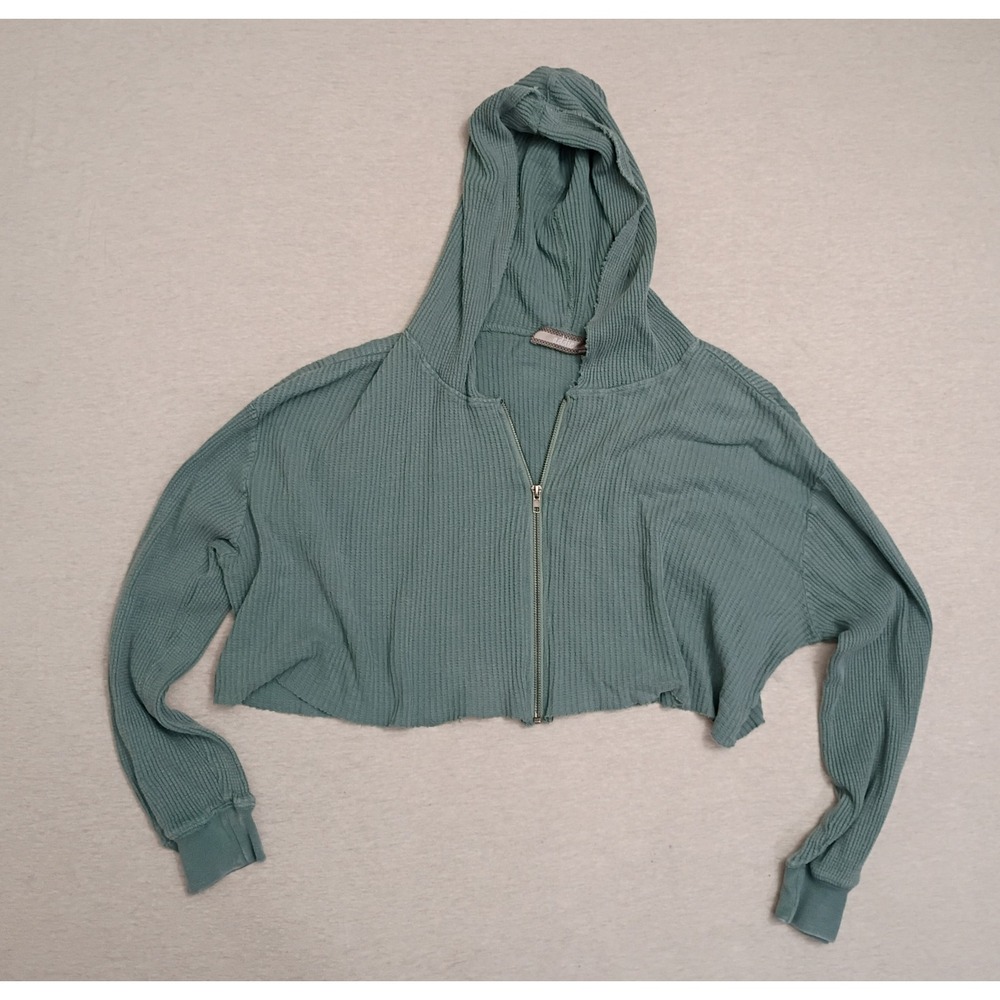 Addie Green Thermal Waffle Knit Goblincore Cropped Zip Up Hoodie Med Distressed